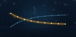 What Is an Inverted Yield Curve, and Does It Really Predict Recessions? Glowing gold line sloping downward across a dark blue grid, crossing a fainter blue line that slopes upward, illustrating an inverted yield curve
