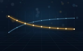What Is an Inverted Yield Curve, and Does It Really Predict Recessions? Glowing gold line sloping downward across a dark blue grid, crossing a fainter blue line that slopes upward, illustrating an inverted yield curve