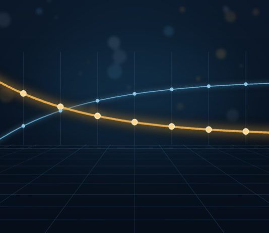 What Is an Inverted Yield Curve, and Does It Really Predict Recessions? Glowing gold line sloping downward across a dark blue grid, crossing a fainter blue line that slopes upward, illustrating an inverted yield curve