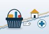 CPI vs PCE: What Is the Difference Between the Two U.S. Inflation Measures? Flat illustration of a shopping basket, a price tag, a house and a medical cross in front of two rising lines in gold and blue