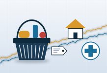 CPI vs PCE: What Is the Difference Between the Two U.S. Inflation Measures? Flat illustration of a shopping basket, a price tag, a house and a medical cross in front of two rising lines in gold and blue