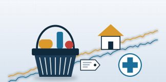 CPI vs PCE: What Is the Difference Between the Two U.S. Inflation Measures? Flat illustration of a shopping basket, a price tag, a house and a medical cross in front of two rising lines in gold and blue