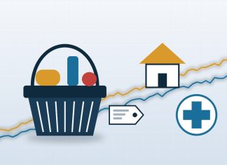 CPI vs PCE: What Is the Difference Between the Two U.S. Inflation Measures? Flat illustration of a shopping basket, a price tag, a house and a medical cross in front of two rising lines in gold and blue