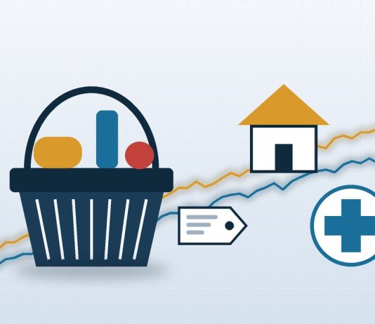 CPI vs PCE: What Is the Difference Between the Two U.S. Inflation Measures? Flat illustration of a shopping basket, a price tag, a house and a medical cross in front of two rising lines in gold and blue