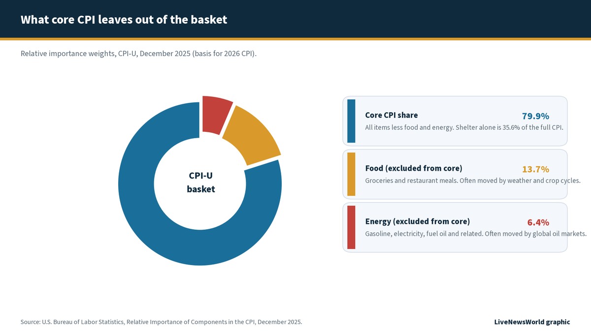 Donut chart showing core CPI as 79.9 percent of the CPI-U basket, food 13.7 percent and energy 6.4 percent, based on December 2025 relative importance weights