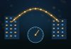 What Is the Federal Funds Rate, and How Does It Affect You? Two stylized bank buildings linked by a glowing gold overnight arc of funds above a circular rate dial with a gold needle, on a dark navy background