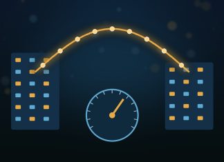 What Is the Federal Funds Rate, and How Does It Affect You? Two stylized bank buildings linked by a glowing gold overnight arc of funds above a circular rate dial with a gold needle, on a dark navy background