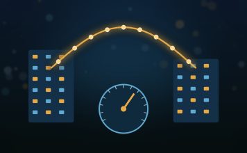 What Is the Federal Funds Rate, and How Does It Affect You? Two stylized bank buildings linked by a glowing gold overnight arc of funds above a circular rate dial with a gold needle, on a dark navy background