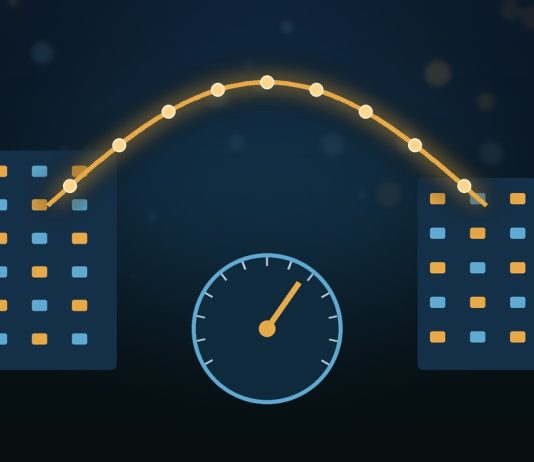 What Is the Federal Funds Rate, and How Does It Affect You? Two stylized bank buildings linked by a glowing gold overnight arc of funds above a circular rate dial with a gold needle, on a dark navy background