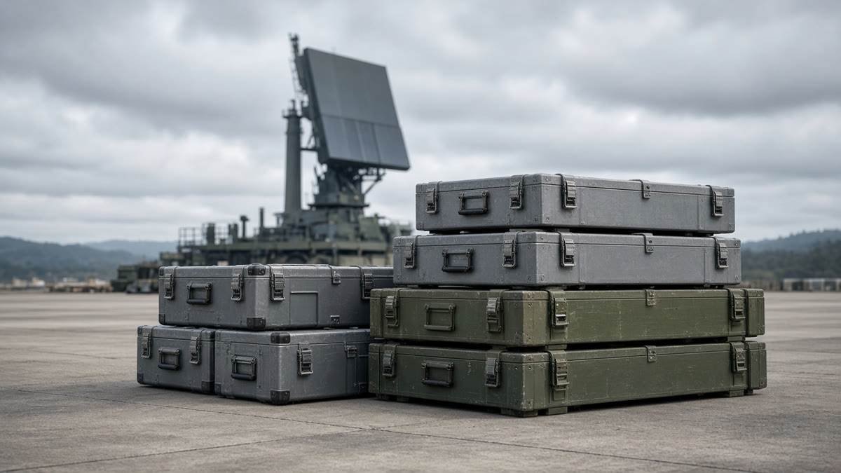Stacked gray and olive military transport crates on a tarmac with a radar antenna blurred in the background