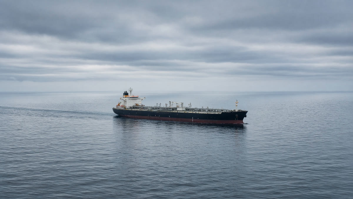 Large commercial oil tanker sailing on calm open water under an overcast sky