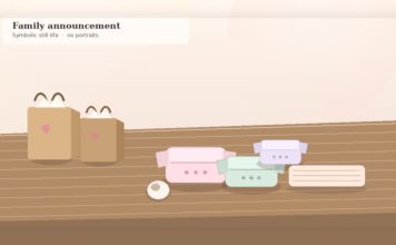Lena Dunham Baby Surrogacy: Girls Creator Welcomes First Daughter Soft still life of folded pastel baby clothes and kraft shopping bags on a warm table for a family announcement