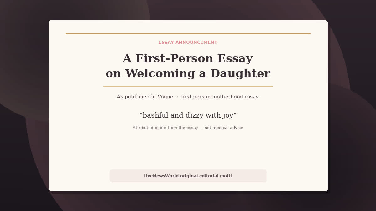 Editorial text card for a first-person Vogue motherhood essay announcing a daughter