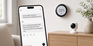 Google Home AI Agent MCP Lets Claude, ChatGPT, and Others Control Nest Devices Smartphone showing a chat about lights and temperature beside a circular wall thermostat and a small indoor camera