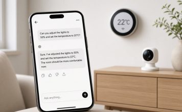 Google Home AI Agent MCP Lets Claude, ChatGPT, and Others Control Nest Devices Smartphone showing a chat about lights and temperature beside a circular wall thermostat and a small indoor camera