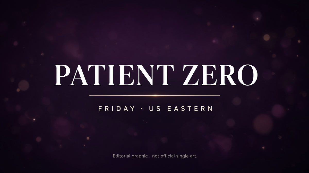 Patient Zero title card on purple gradient with Friday US Eastern line