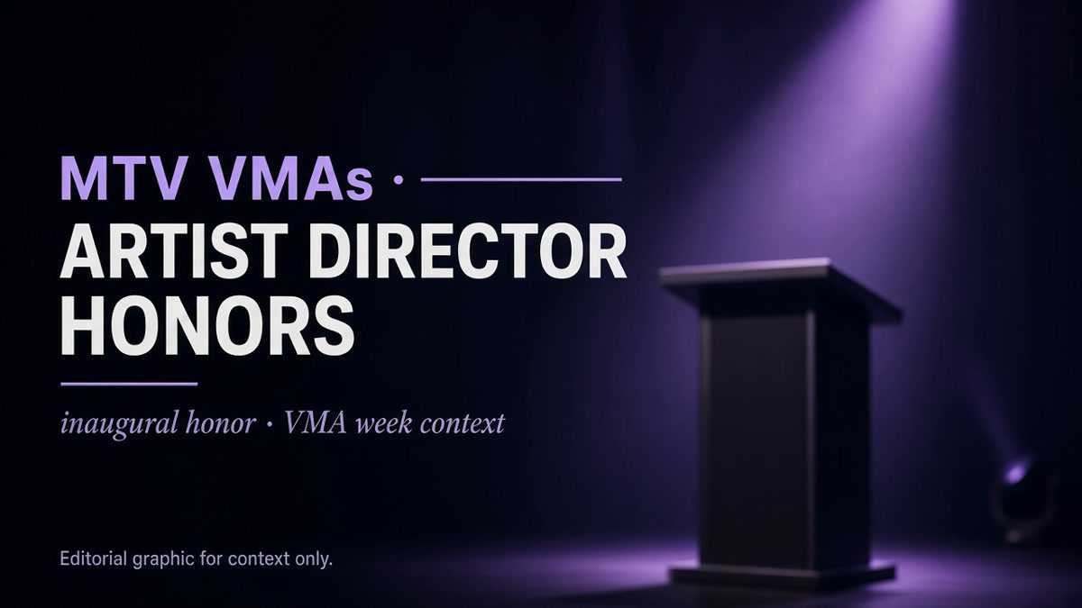Empty award podium under purple spotlight with Artist Director Honors text
