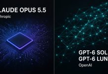 Claude Opus 5.5 and OpenAI GPT-6 Sol/Luna: Same-Day Cheaper Model Duel Split graphic with chip motif for Claude Opus 5.5 and neural mesh for GPT-6 Sol and Luna