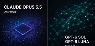 Claude Opus 5.5 and OpenAI GPT-6 Sol/Luna: Same-Day Cheaper Model Duel Split graphic with chip motif for Claude Opus 5.5 and neural mesh for GPT-6 Sol and Luna