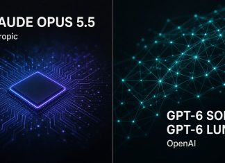 Claude Opus 5.5 and OpenAI GPT-6 Sol/Luna: Same-Day Cheaper Model Duel Split graphic with chip motif for Claude Opus 5.5 and neural mesh for GPT-6 Sol and Luna