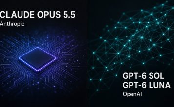 Claude Opus 5.5 and OpenAI GPT-6 Sol/Luna: Same-Day Cheaper Model Duel Split graphic with chip motif for Claude Opus 5.5 and neural mesh for GPT-6 Sol and Luna