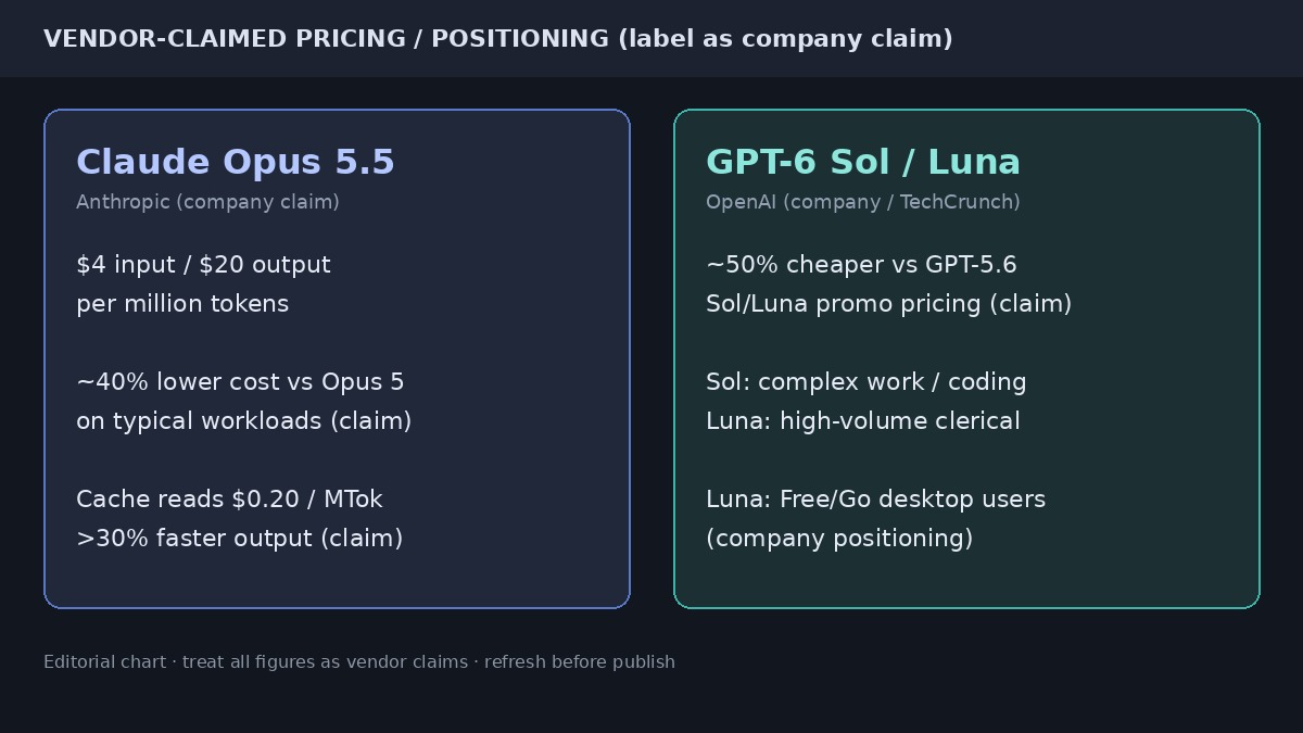 Side-by-side vendor-claimed pricing cards for Claude Opus 5.5 and GPT-6 Sol Luna
