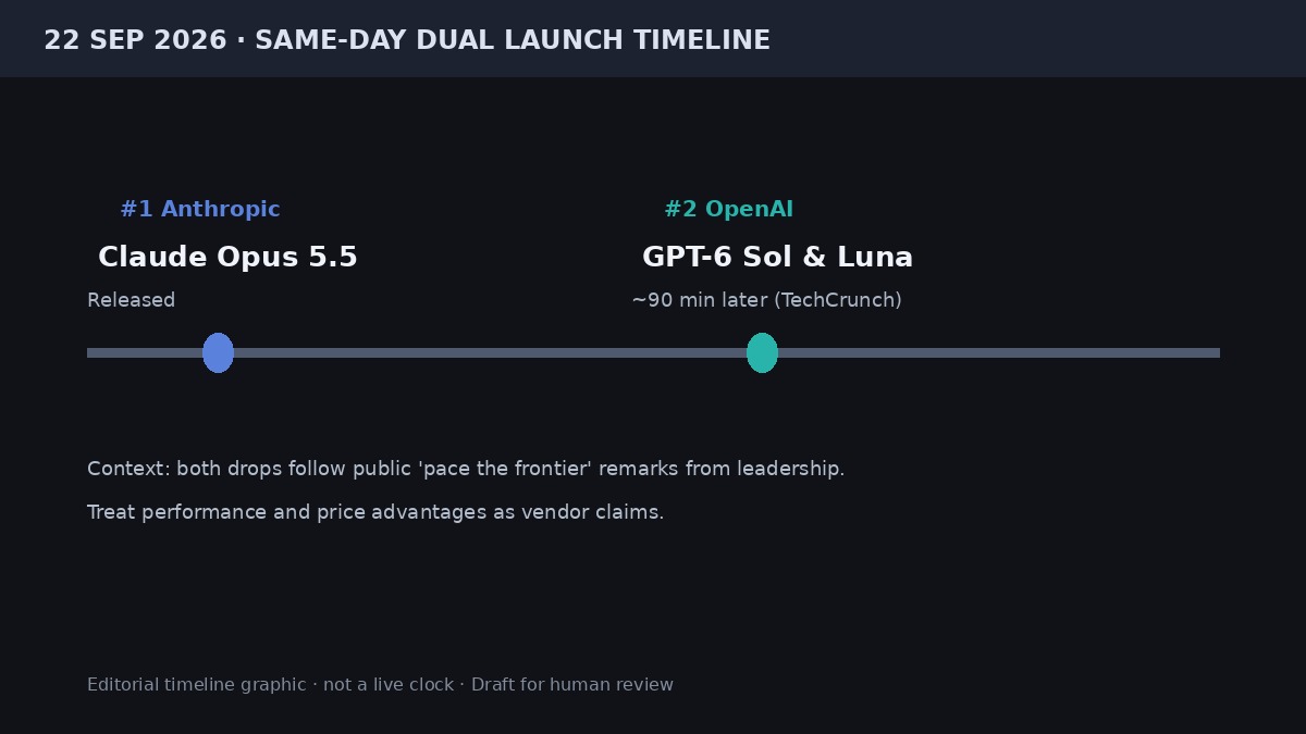 Timeline graphic of Anthropic Opus 5.5 launch then OpenAI GPT-6 Sol Luna about 90 minutes later