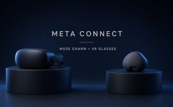 Meta Muse Charm and VR Glasses: $1,299 Headset, Holiday AI Gadget Meta Connect stage-style product pedestals showing VR glasses and Muse Charm silhouettes