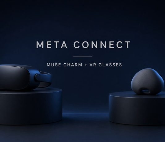 Meta Muse Charm and VR Glasses: $1,299 Headset, Holiday AI Gadget Meta Connect stage-style product pedestals showing VR glasses and Muse Charm silhouettes