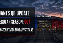 Jaxson Dart Knee Surgery: Giants Turn to Jameis Winston MetLife Stadium exterior with Giants QB update card showing regular season out and Winston starts Sunday