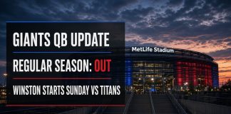 Jaxson Dart Knee Surgery: Giants Turn to Jameis Winston MetLife Stadium exterior with Giants QB update card showing regular season out and Winston starts Sunday