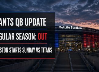 Jaxson Dart Knee Surgery: Giants Turn to Jameis Winston MetLife Stadium exterior with Giants QB update card showing regular season out and Winston starts Sunday
