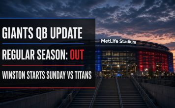 Jaxson Dart Knee Surgery: Giants Turn to Jameis Winston MetLife Stadium exterior with Giants QB update card showing regular season out and Winston starts Sunday