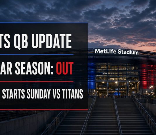 Jaxson Dart Knee Surgery: Giants Turn to Jameis Winston MetLife Stadium exterior with Giants QB update card showing regular season out and Winston starts Sunday