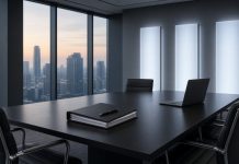Google, OpenAI and Anthropic Reportedly Plan a Standards Authority for Frontier AI (SAFA) Empty modern boardroom with a dark conference table, a binder and a laptop, three backlit frosted-glass panels on the wall and a city skyline at dusk through the windows.
