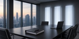 Google, OpenAI and Anthropic Reportedly Plan a Standards Authority for Frontier AI (SAFA) Empty modern boardroom with a dark conference table, a binder and a laptop, three backlit frosted-glass panels on the wall and a city skyline at dusk through the windows.