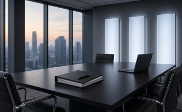 Google, OpenAI and Anthropic Reportedly Plan a Standards Authority for Frontier AI (SAFA) Empty modern boardroom with a dark conference table, a binder and a laptop, three backlit frosted-glass panels on the wall and a city skyline at dusk through the windows.