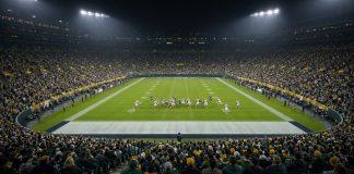 Falcons Rout Packers 35-14 as Michael Penix Jr. Returns From Torn ACL Night view across a packed stadium as players in white and dark green uniforms line up on a floodlit football field.