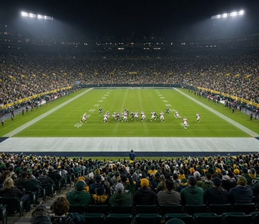 Falcons Rout Packers 35-14 as Michael Penix Jr. Returns From Torn ACL Night view across a packed stadium as players in white and dark green uniforms line up on a floodlit football field.