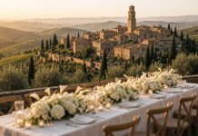 Dove Cameron and Damiano David Wedding: Couple Marry in Montalcino Hilltop Tuscan town at golden hour above vineyards, with a wedding table of white hydrangeas and candles on a stone terrace in the foreground.