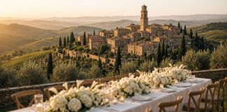 Dove Cameron and Damiano David Wedding: Couple Marry in Montalcino Hilltop Tuscan town at golden hour above vineyards, with a wedding table of white hydrangeas and candles on a stone terrace in the foreground.