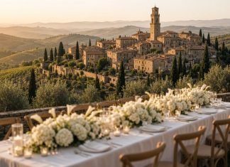 Dove Cameron and Damiano David Wedding: Couple Marry in Montalcino Hilltop Tuscan town at golden hour above vineyards, with a wedding table of white hydrangeas and candles on a stone terrace in the foreground.