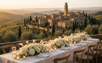 Dove Cameron and Damiano David Wedding: Couple Marry in Montalcino Hilltop Tuscan town at golden hour above vineyards, with a wedding table of white hydrangeas and candles on a stone terrace in the foreground.