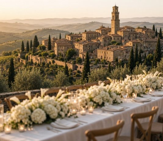 Dove Cameron and Damiano David Wedding: Couple Marry in Montalcino Hilltop Tuscan town at golden hour above vineyards, with a wedding table of white hydrangeas and candles on a stone terrace in the foreground.