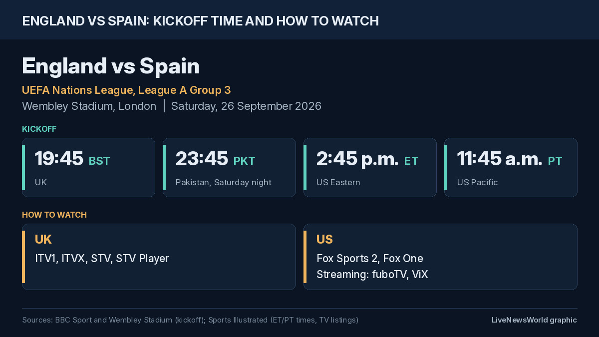 Dark navy card for England vs Spain at Wembley Stadium on Saturday, 26 September 2026, showing kickoff times of 19:45 BST, 23:45 PKT, 2:45 p.m. ET and 11:45 a.m. PT, with UK and US TV and streaming options
