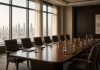 Iran Receives US Response to Its Seven-Day Hormuz Plan as Sides Split on Sequencing Empty conference room with a long wooden table, leather chairs, table microphones and water glasses, overlooking a city skyline through tall windows