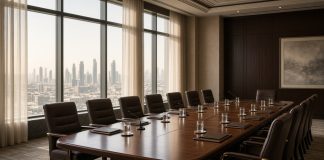 Iran Receives US Response to Its Seven-Day Hormuz Plan as Sides Split on Sequencing Empty conference room with a long wooden table, leather chairs, table microphones and water glasses, overlooking a city skyline through tall windows