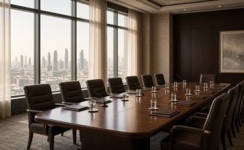 Iran Receives US Response to Its Seven-Day Hormuz Plan as Sides Split on Sequencing Empty conference room with a long wooden table, leather chairs, table microphones and water glasses, overlooking a city skyline through tall windows