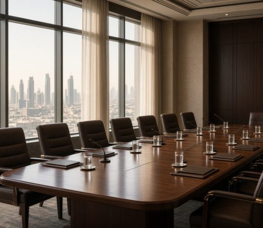 Iran Receives US Response to Its Seven-Day Hormuz Plan as Sides Split on Sequencing Empty conference room with a long wooden table, leather chairs, table microphones and water glasses, overlooking a city skyline through tall windows