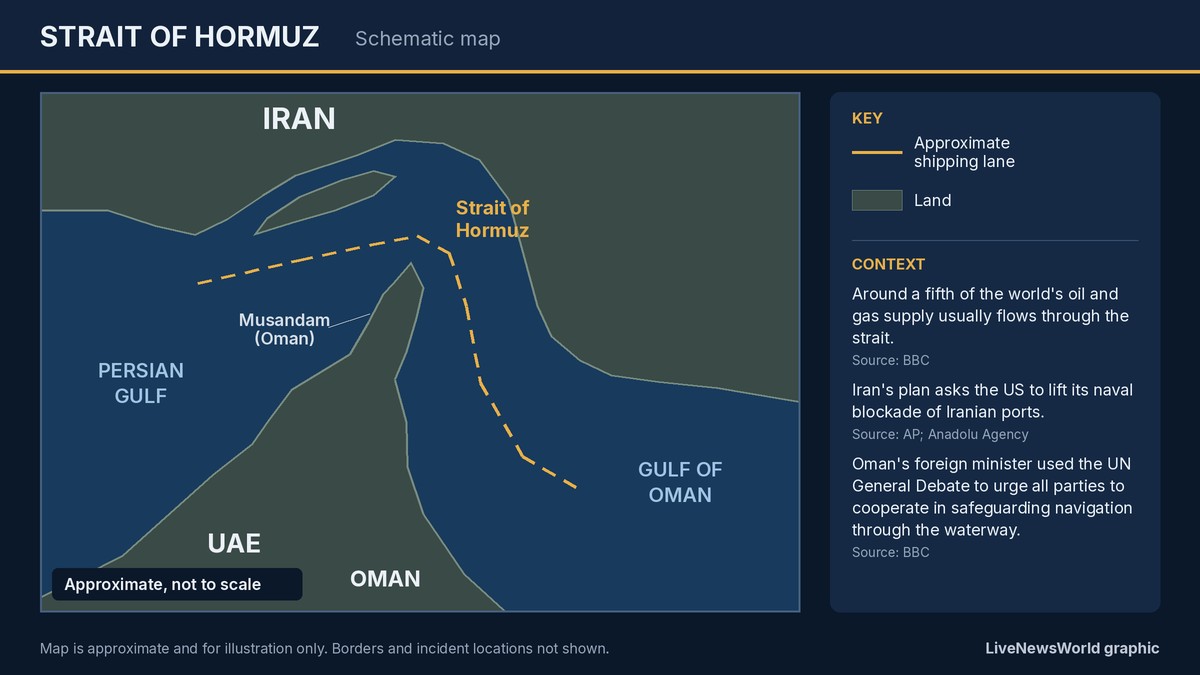 Schematic map of the Strait of Hormuz between Iran to the north and Oman's Musandam Peninsula to the south, with the Persian Gulf, the Gulf of Oman, the UAE and a dashed approximate shipping lane, labeled approximate and not to scale, beside a context panel noting that around a fifth of the world's oil and gas usually flows through the strait